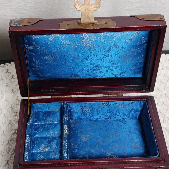Shanghai Chinese Rosewood Jade Medallion Engraved Brass Blue Satin Jewelry Box